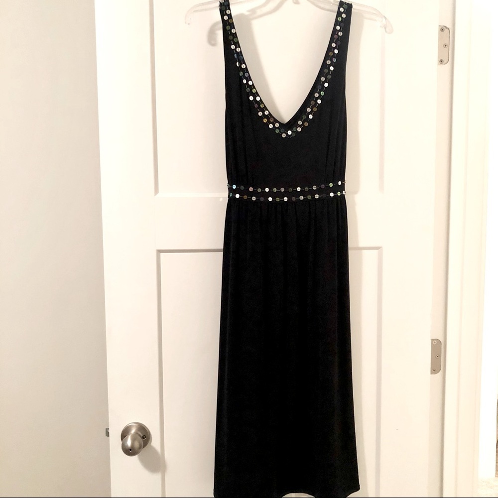 Donna Morgan Navy Blue Sequin Trim Midi Dress Deep V-Neck Size 16